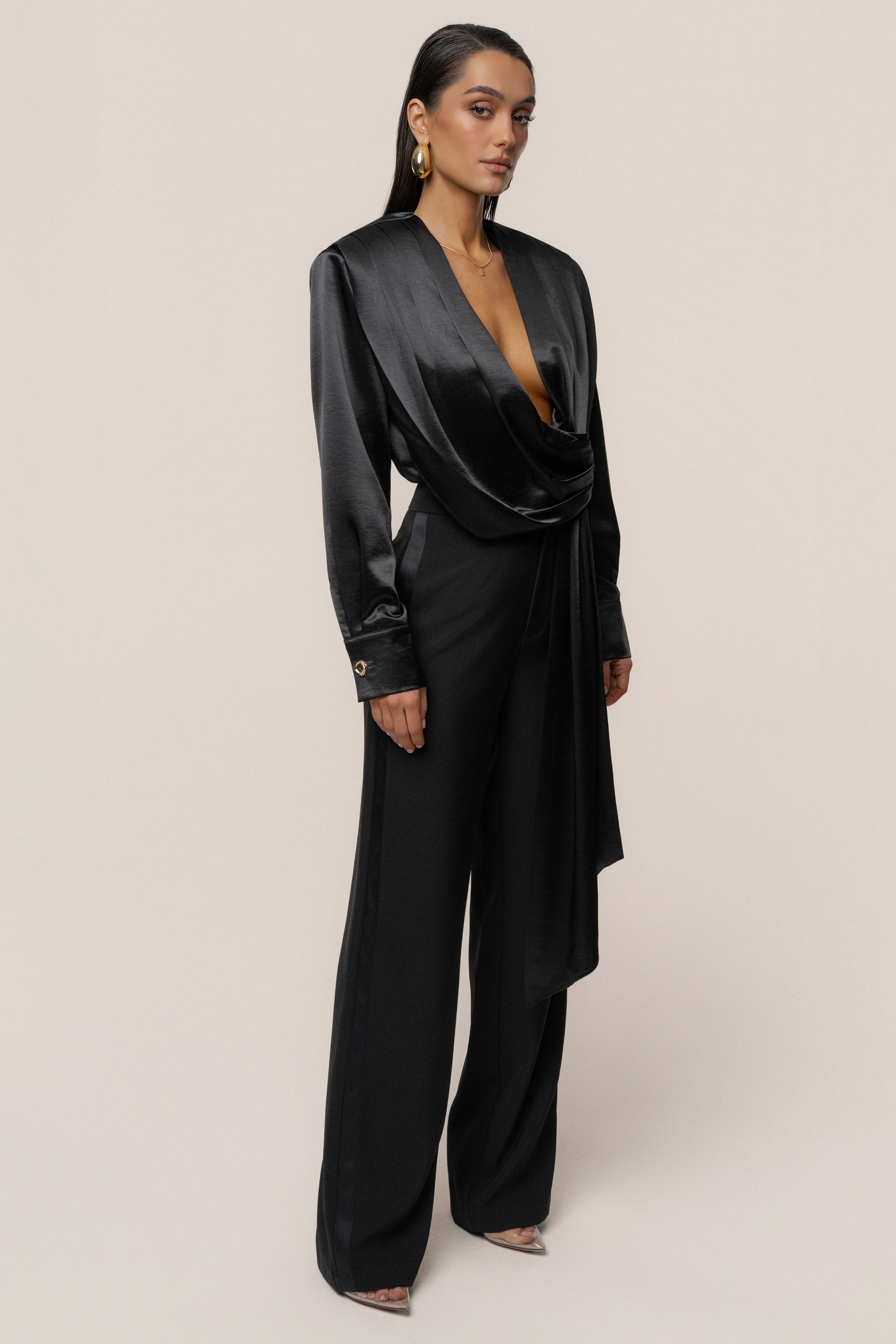 Black Statement Draped Satin Top