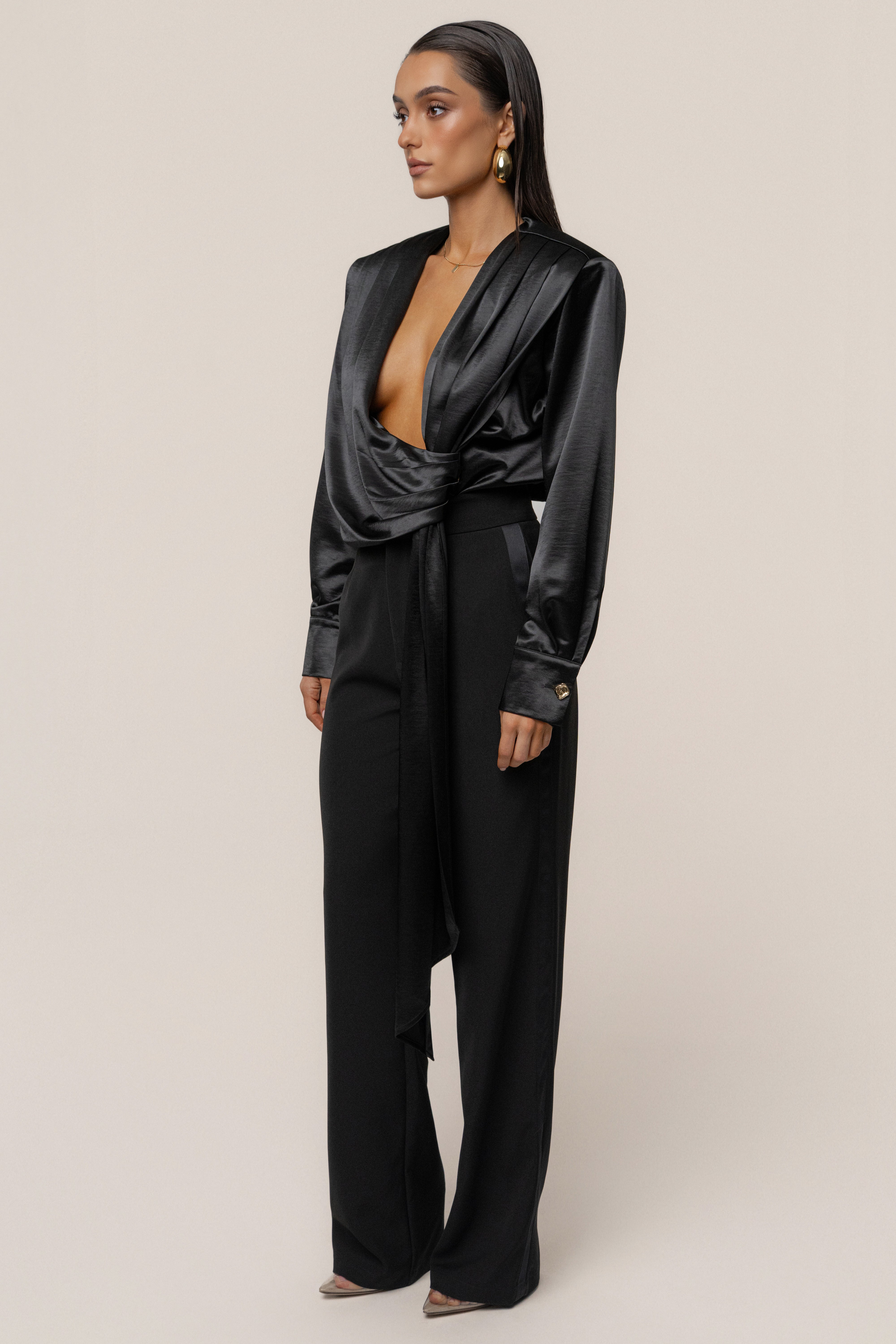 Black Statement Draped Satin Top | JLUXLABEL