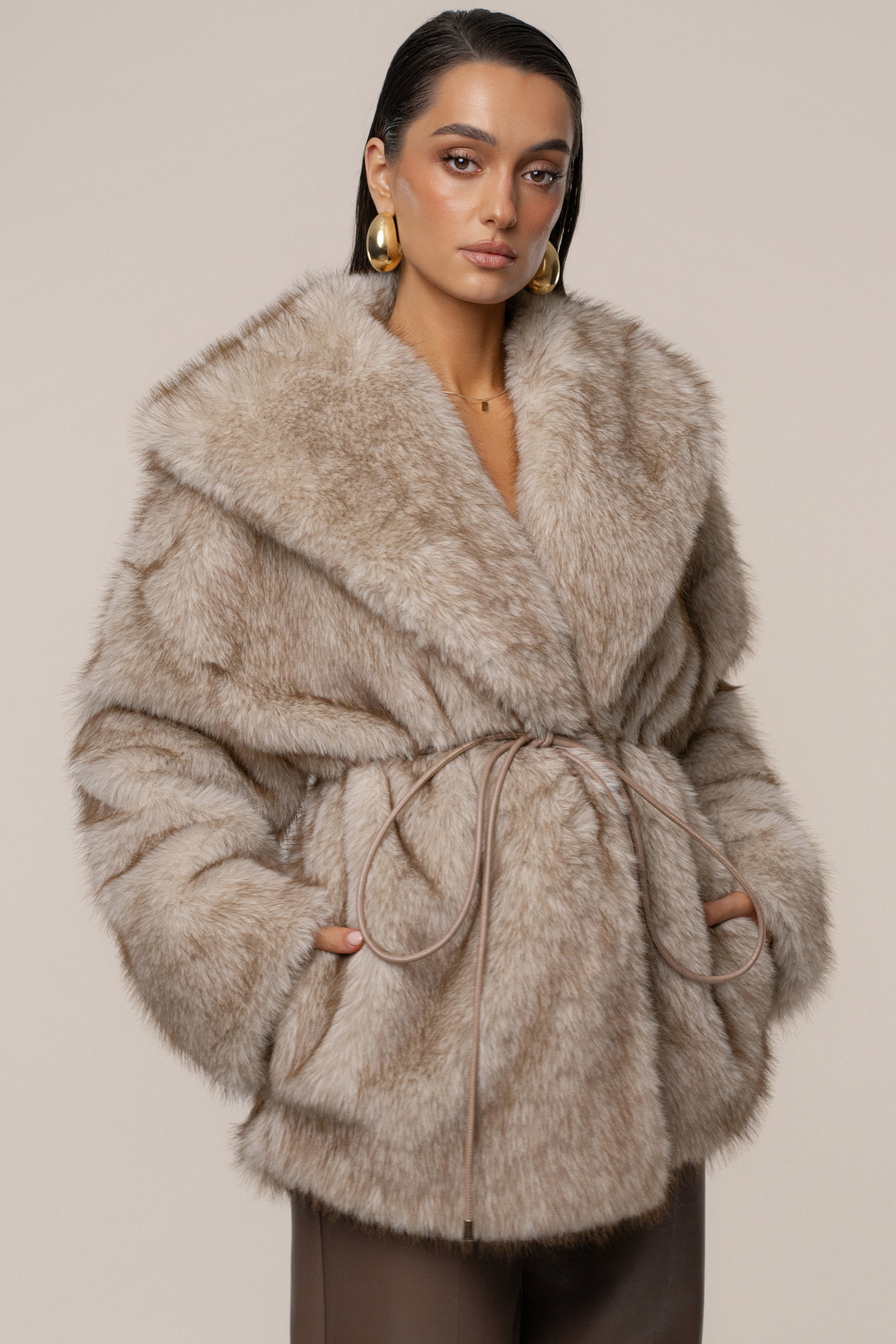Ivory/Brown Soft Season Faux Fur Coat