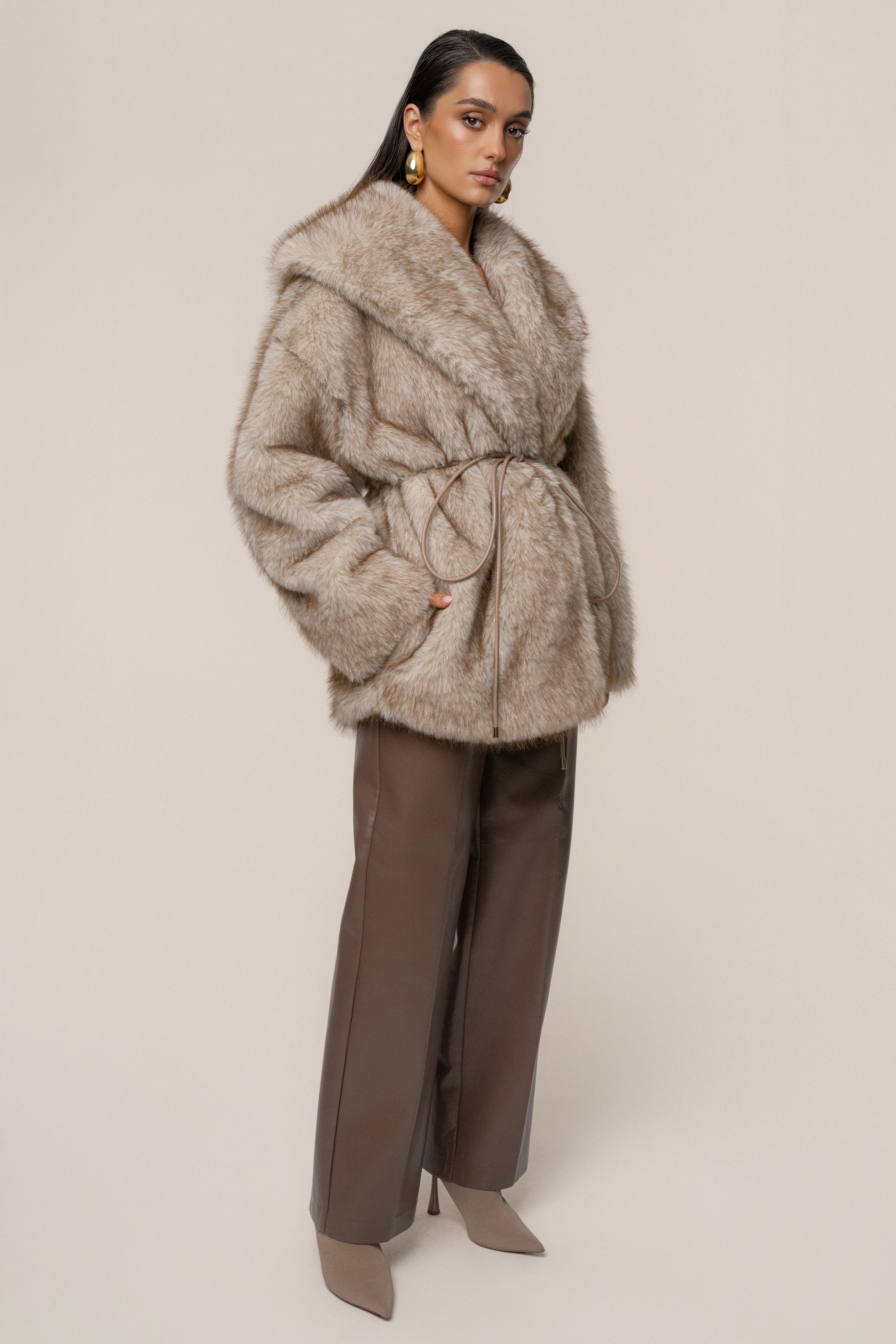 Ivory/Brown Soft Season Faux Fur Coat