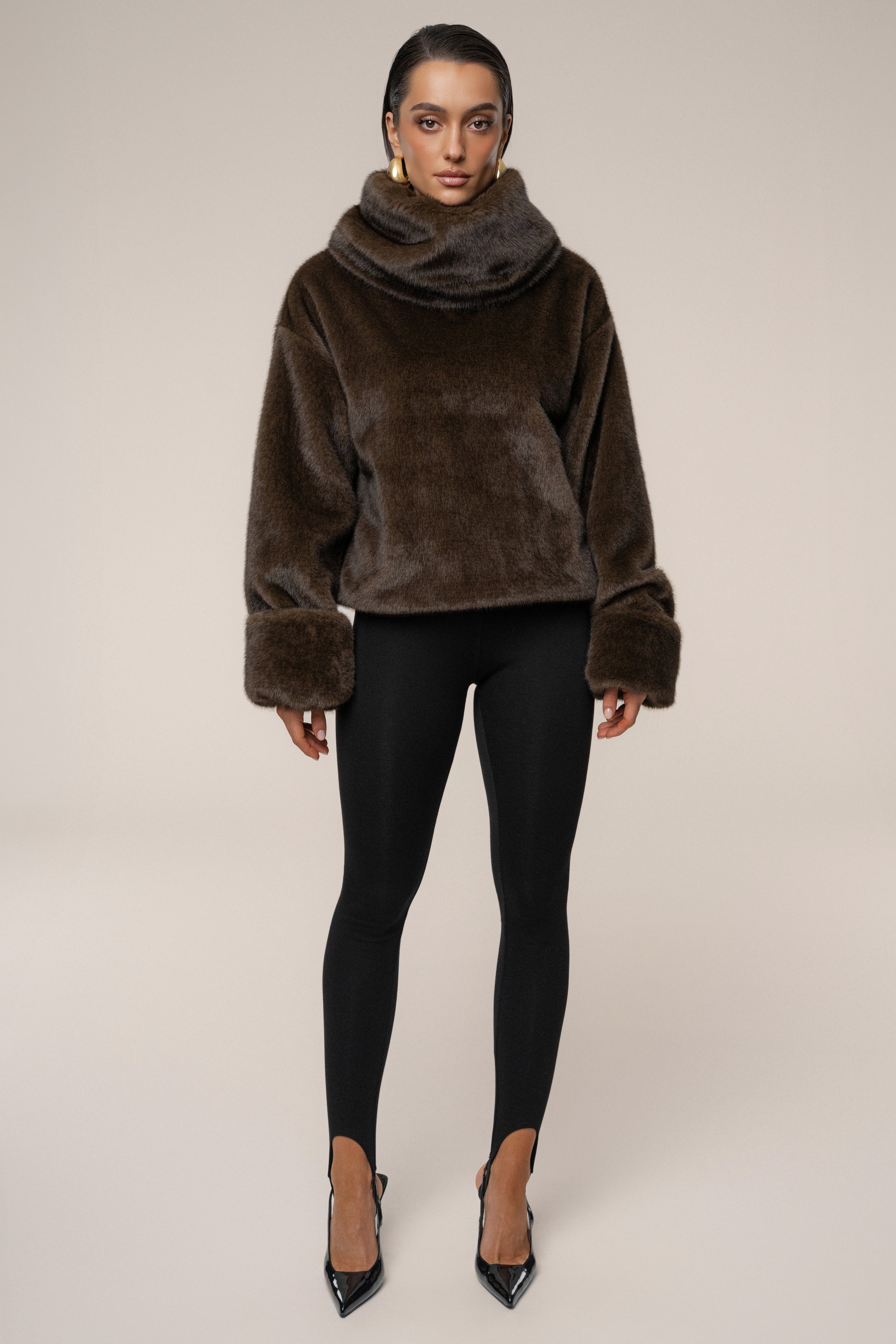 Brown Polished Faux Fur Pullover