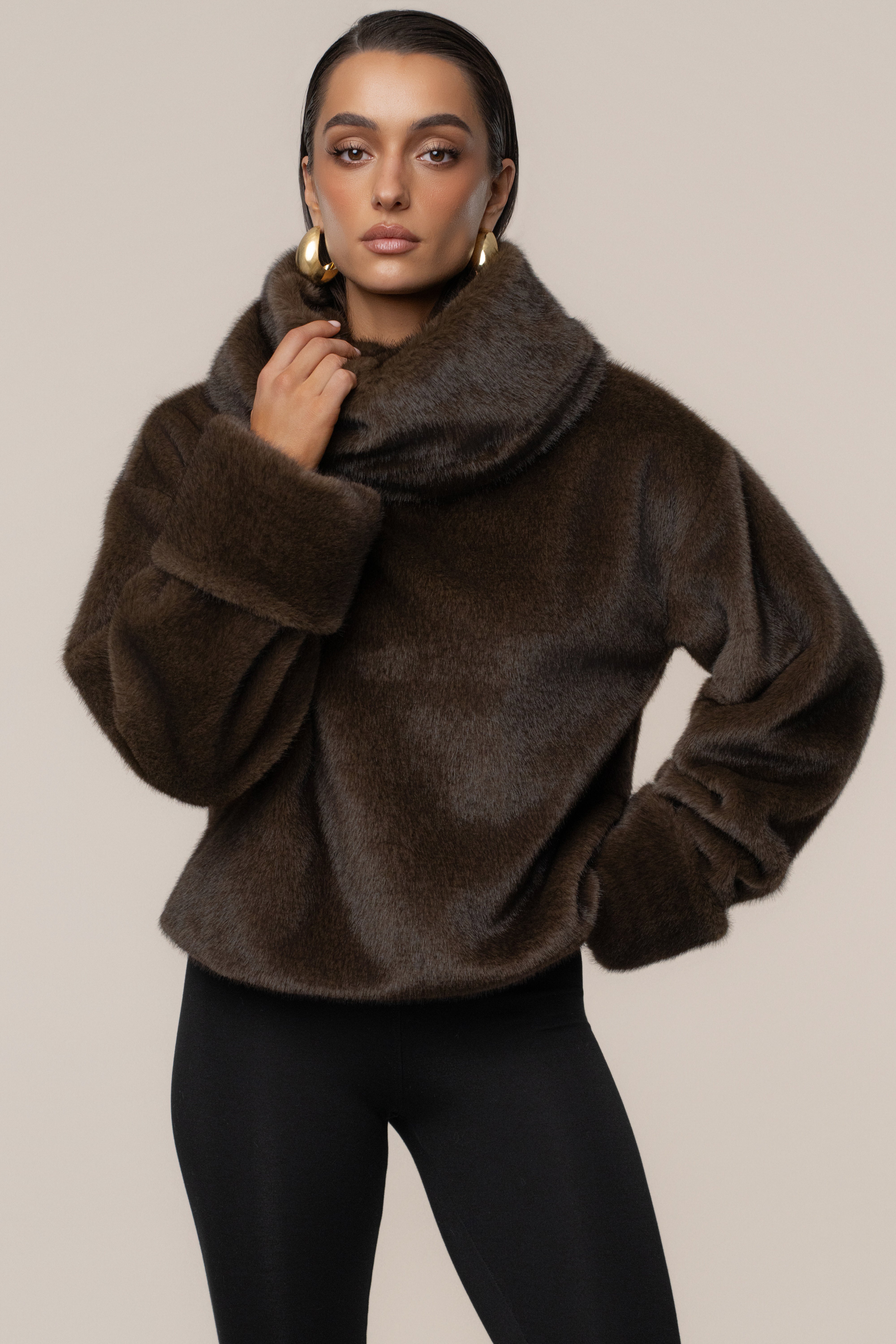 Brown Polished Faux Fur Pullover