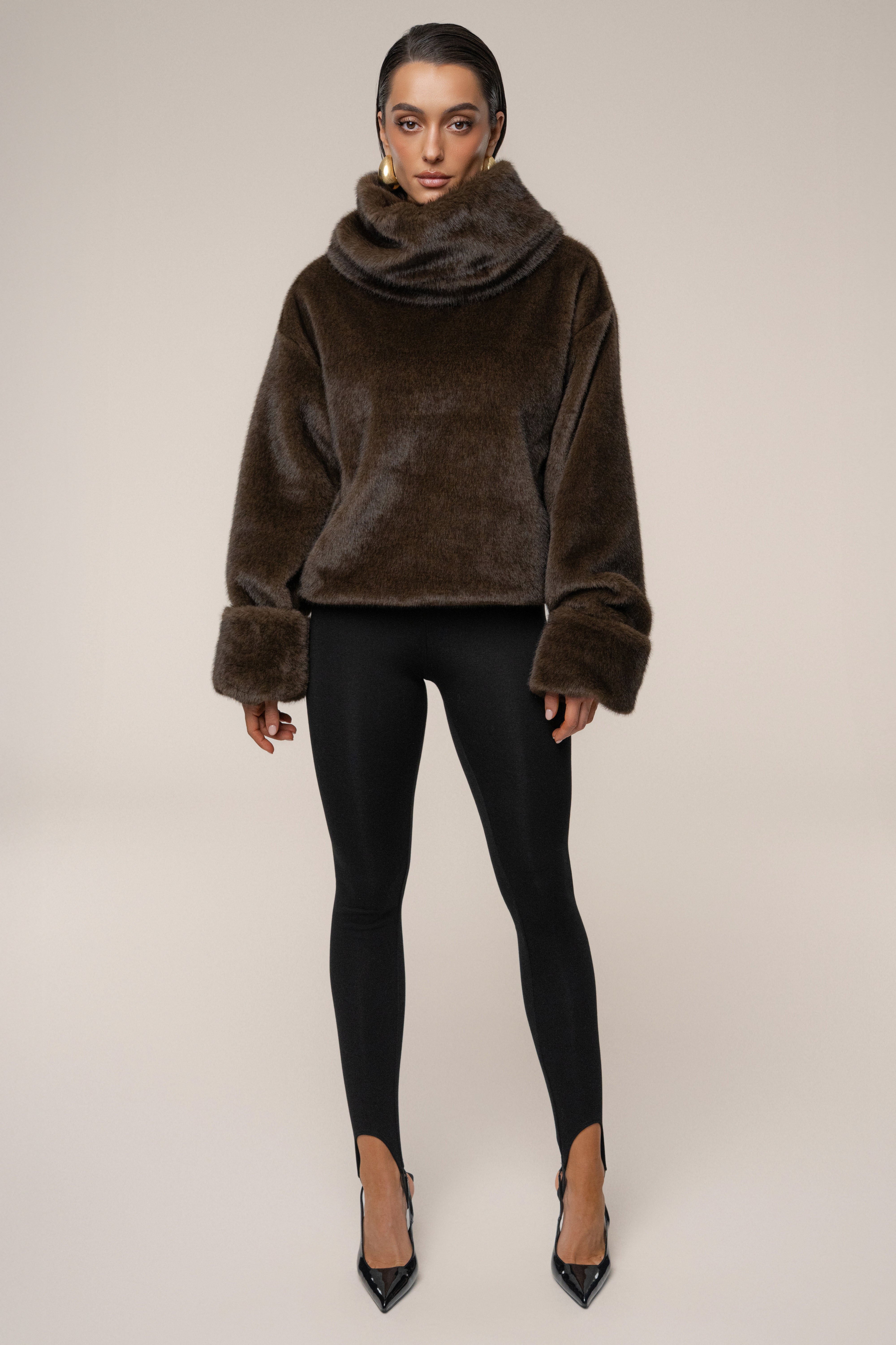 Brown Polished Faux Fur Pullover