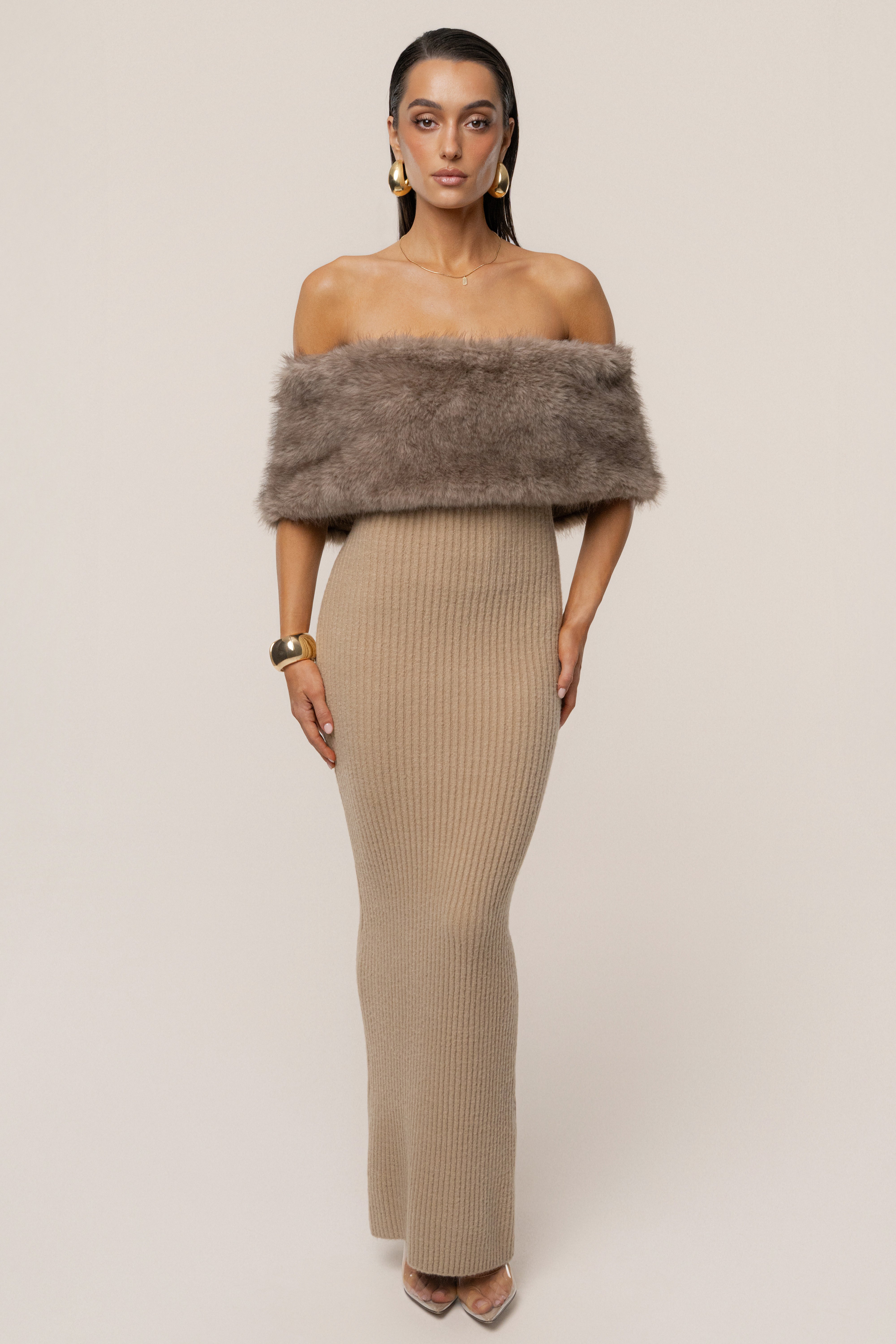 Chocolate Aspen Hour Faux Fur Dress