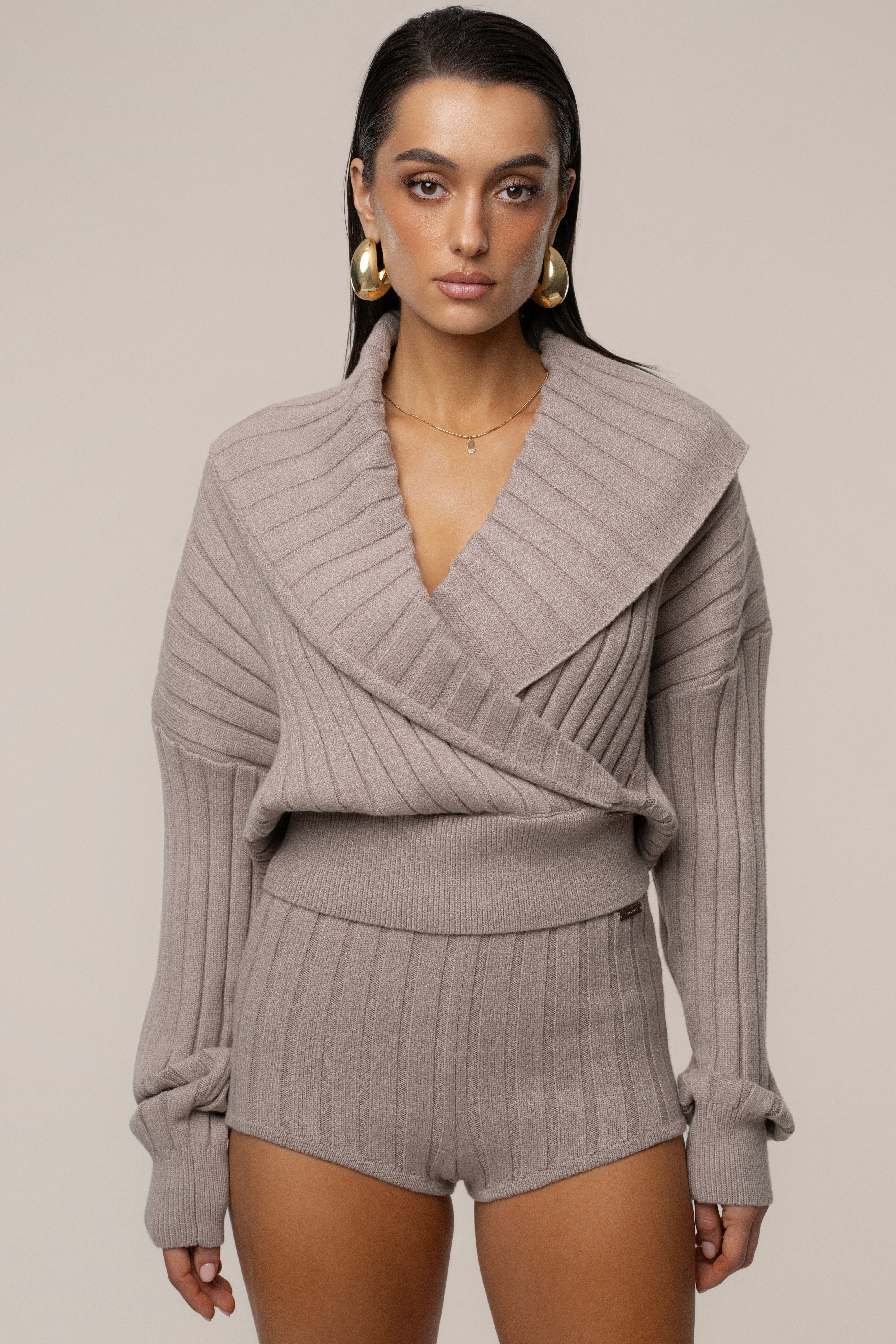 Taupe Ease Forward Knit Top - JLUXLABEL