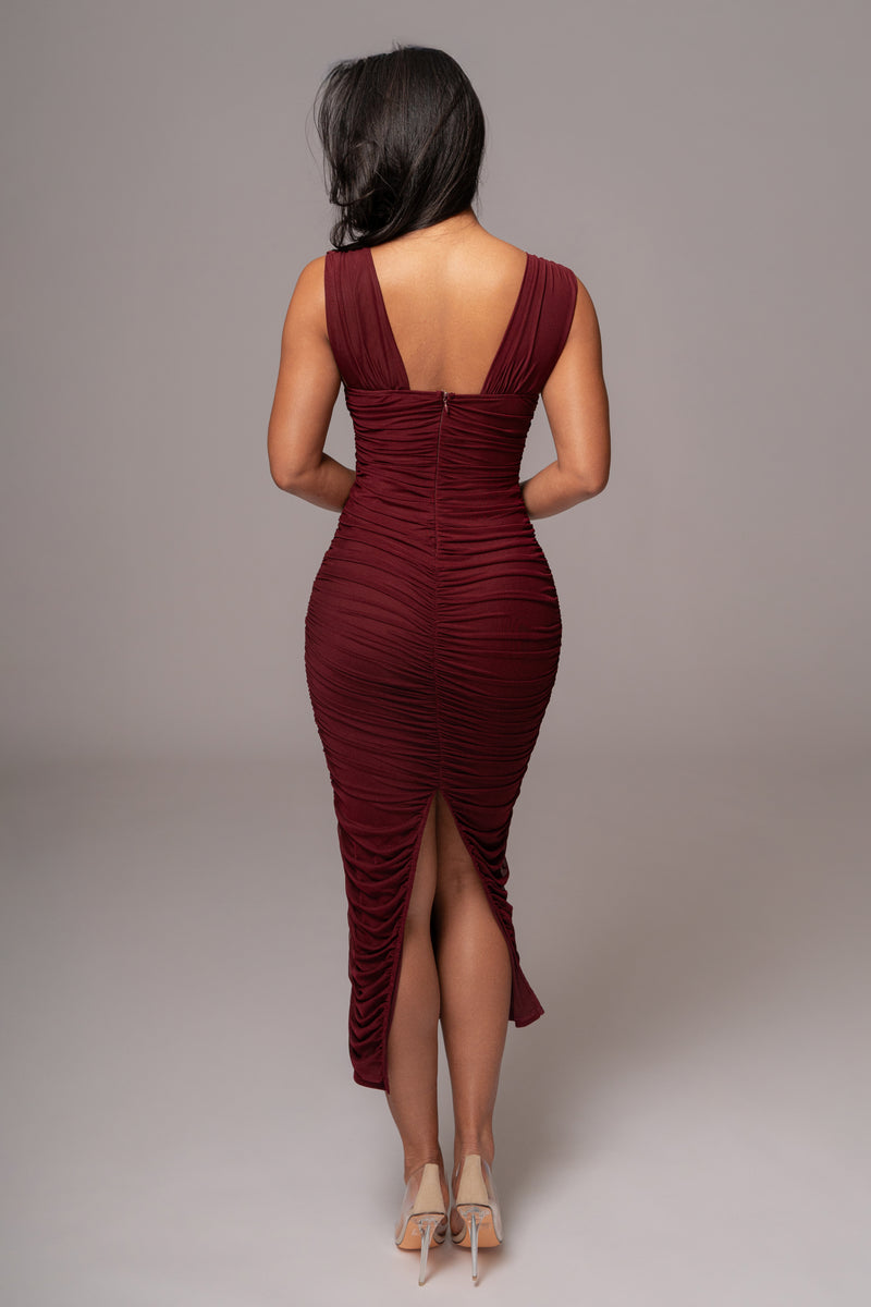 Burgundy Loren Ruched Maxi Dress