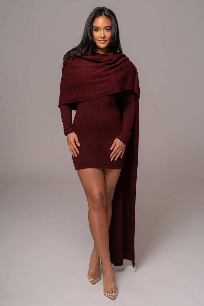 Burgundy Scarf Draped Mini Dress