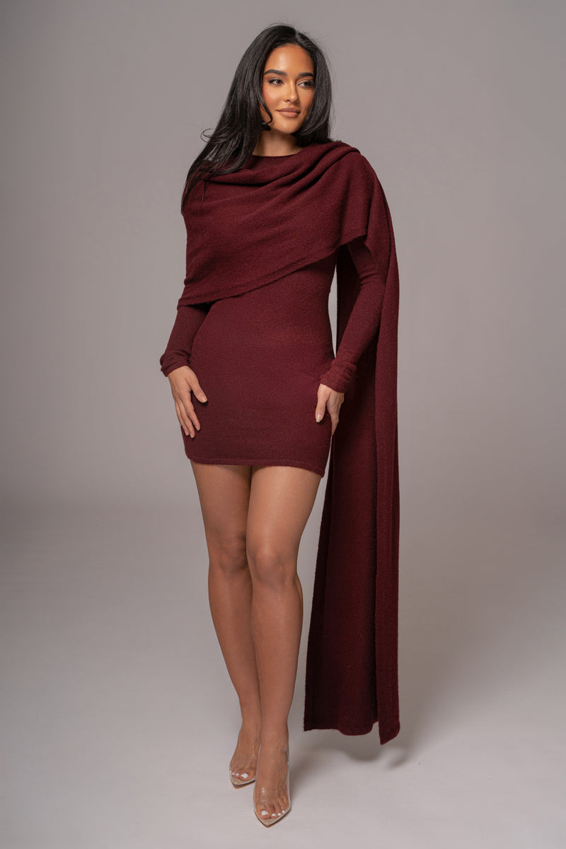 Burgundy Scarf Draped Mini Dress