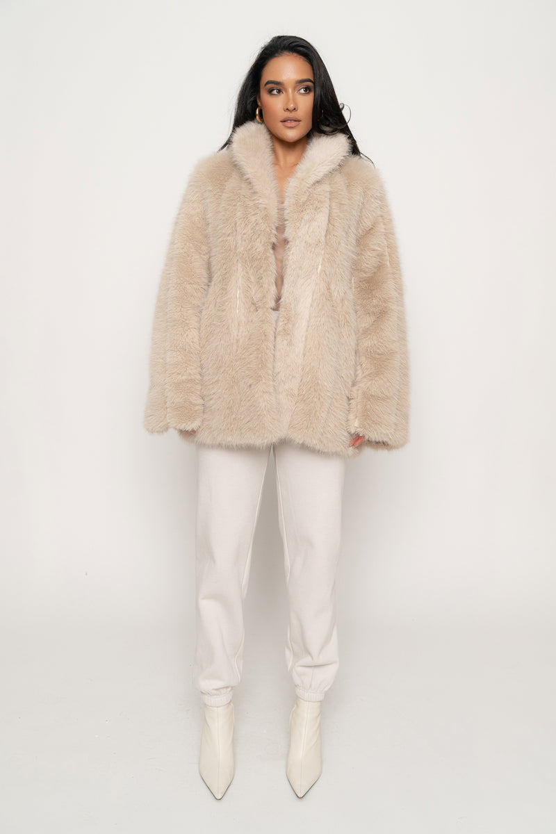 Beige Cropped Manhattan Faux Fur Coat