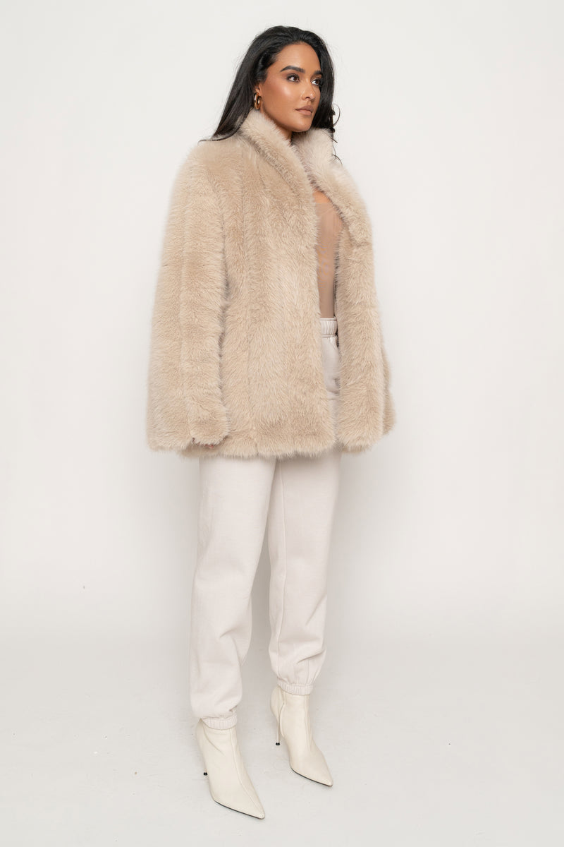 Beige Cropped Manhattan Faux Fur Coat