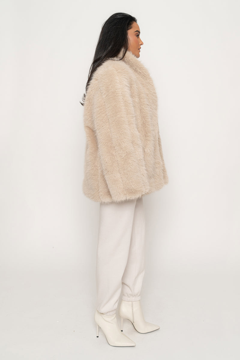 Beige Cropped Manhattan Faux Fur Coat