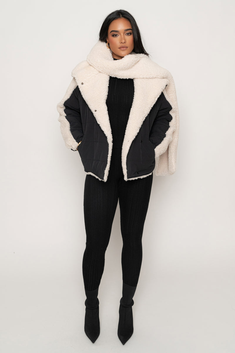 Black/Ivory Contrast Sherpa Jacket