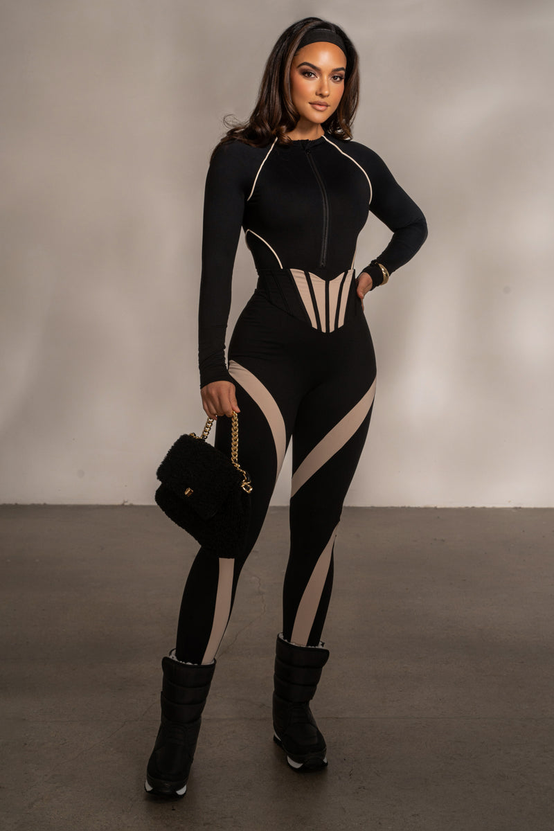 Black Rise Up Zip Front Bodysuit - JLUXLABEL