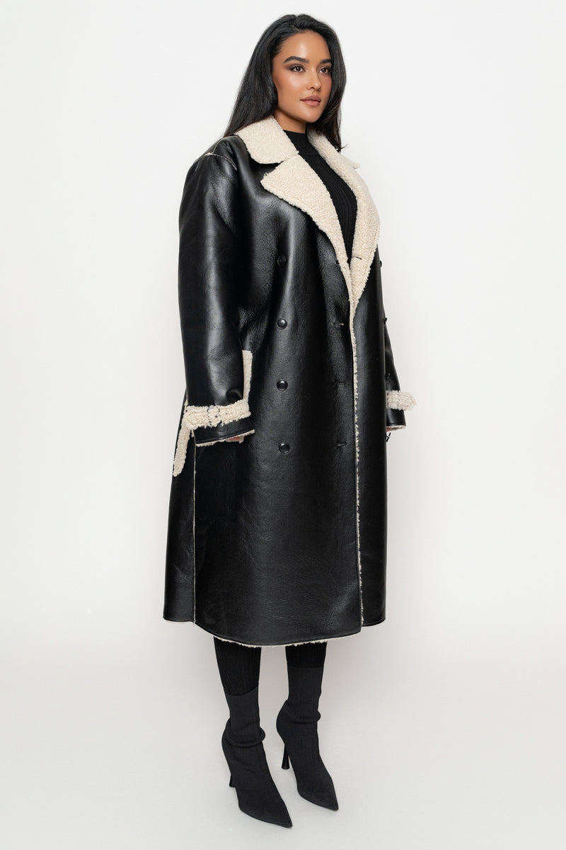 Black/Ivory Sherpa And Faux Leather Coat