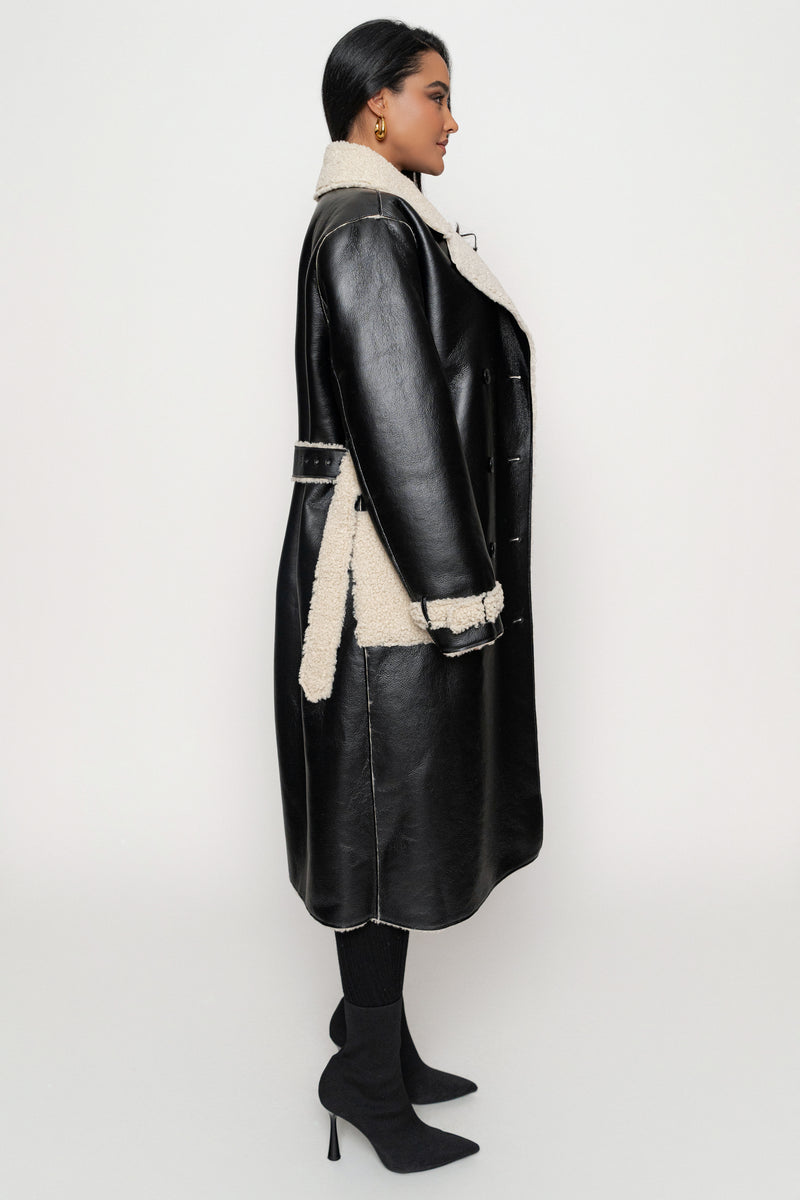 Black/Ivory Sherpa And Faux Leather Coat