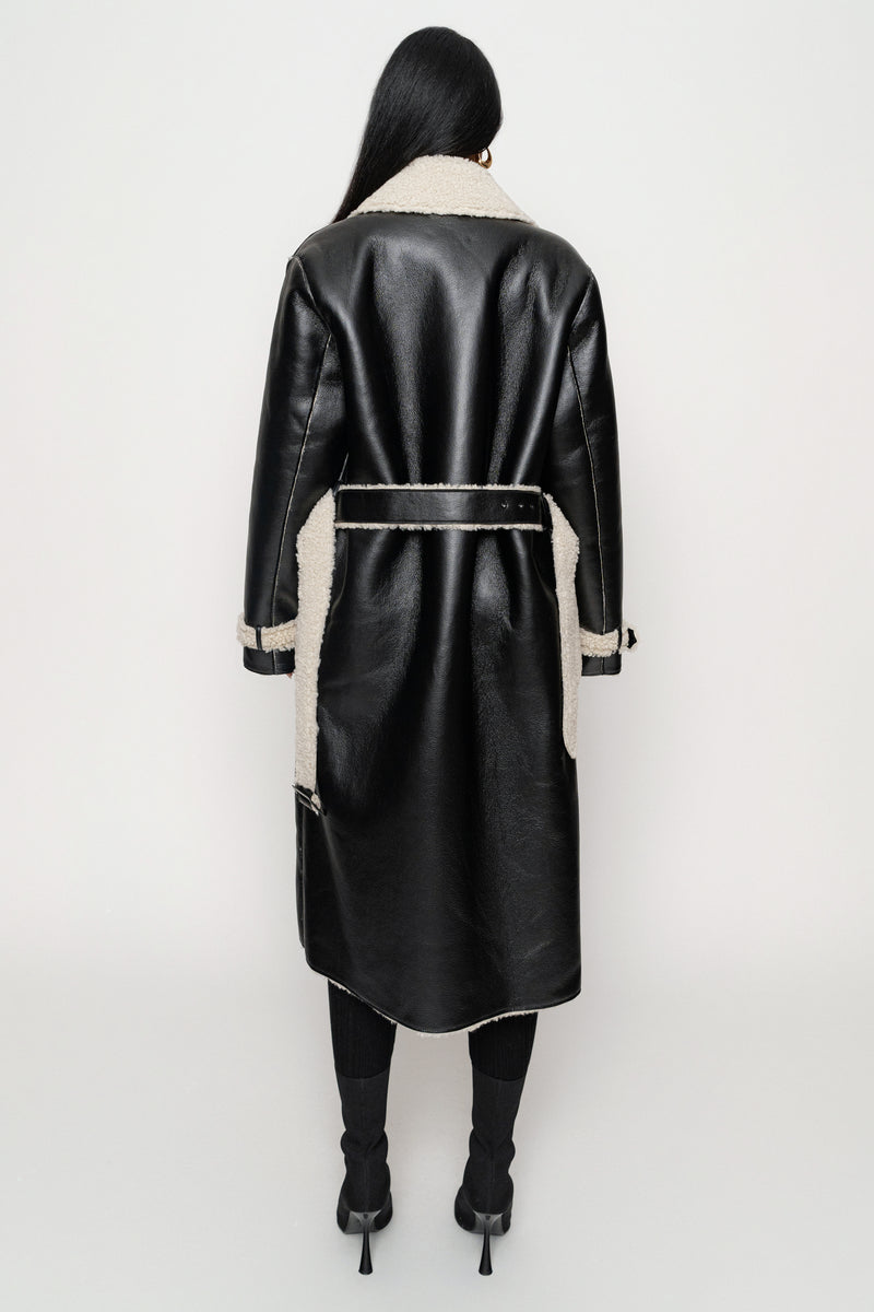 Black/Ivory Sherpa And Faux Leather Coat