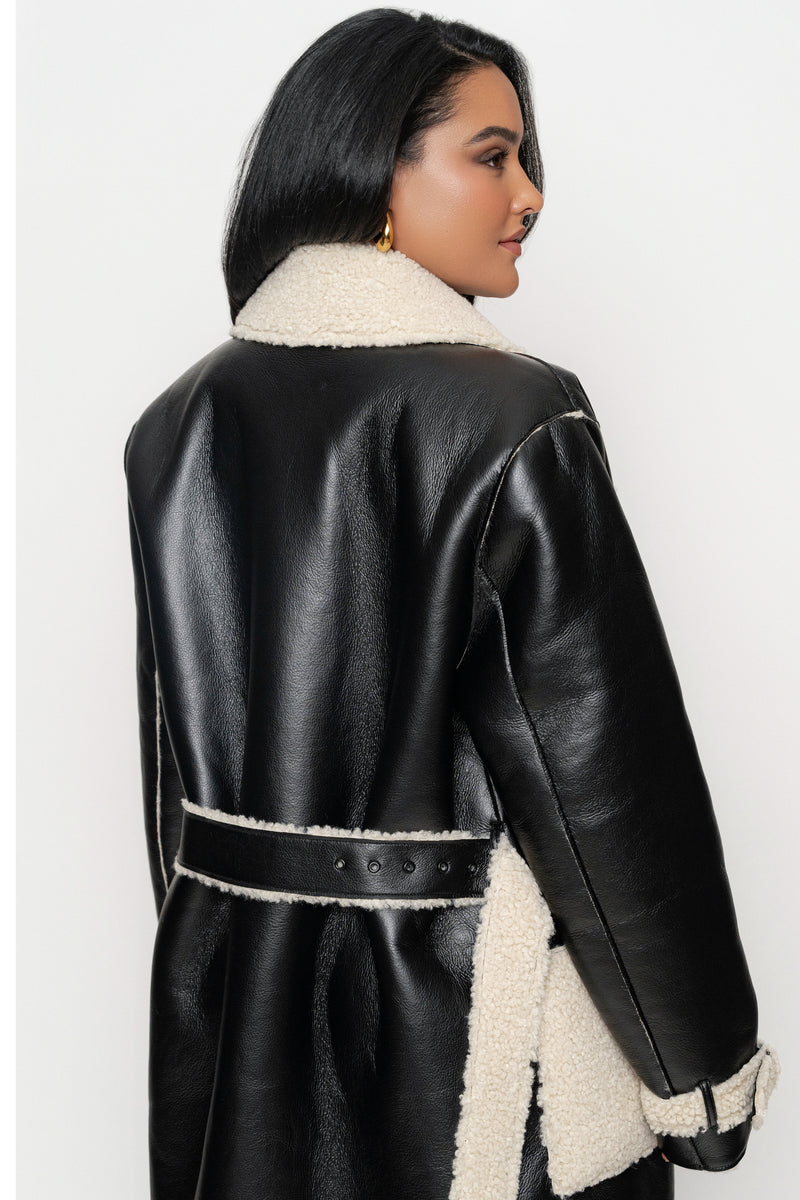 Black/Ivory Sherpa And Faux Leather Coat