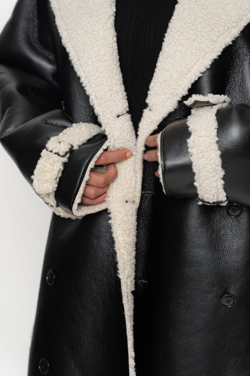 Black/Ivory Sherpa And Faux Leather Coat