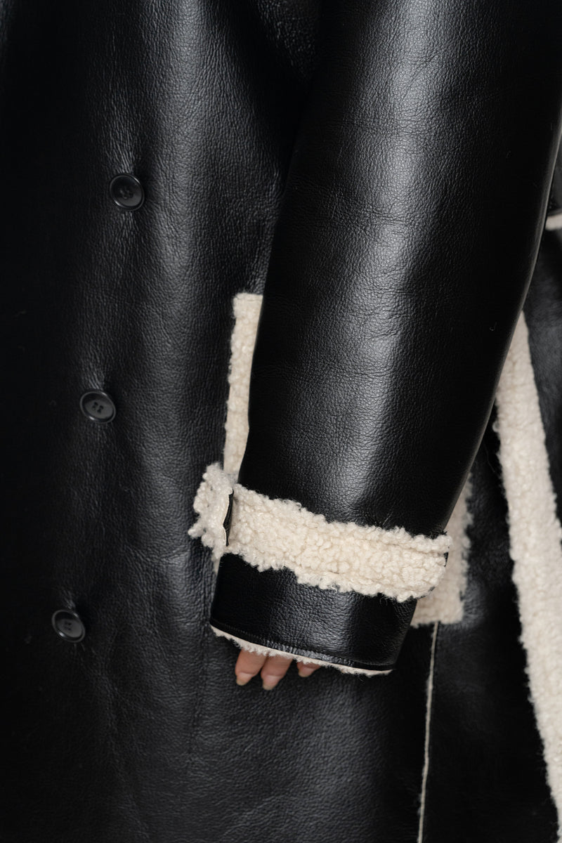 Black/Ivory Sherpa And Faux Leather Coat