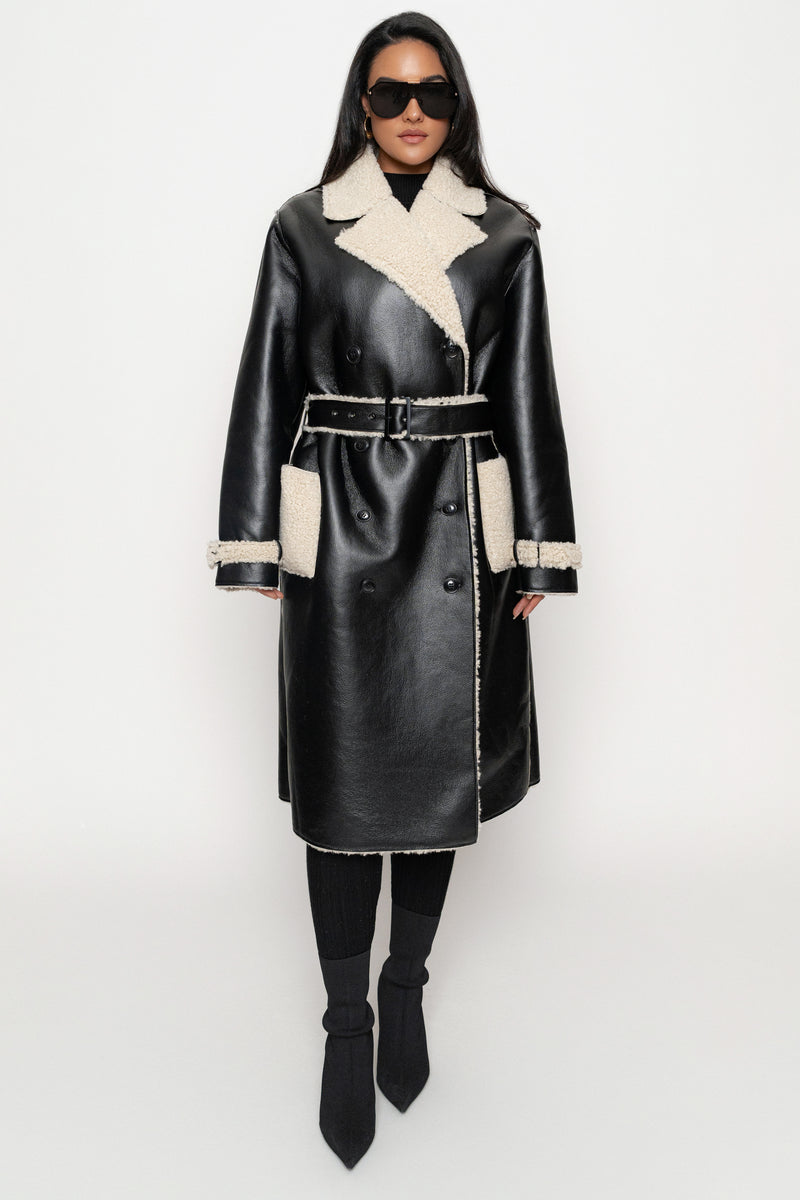 Black/Ivory Sherpa And Faux Leather Coat