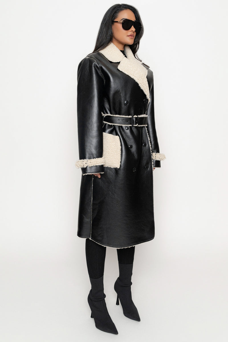 Black/Ivory Sherpa And Faux Leather Coat