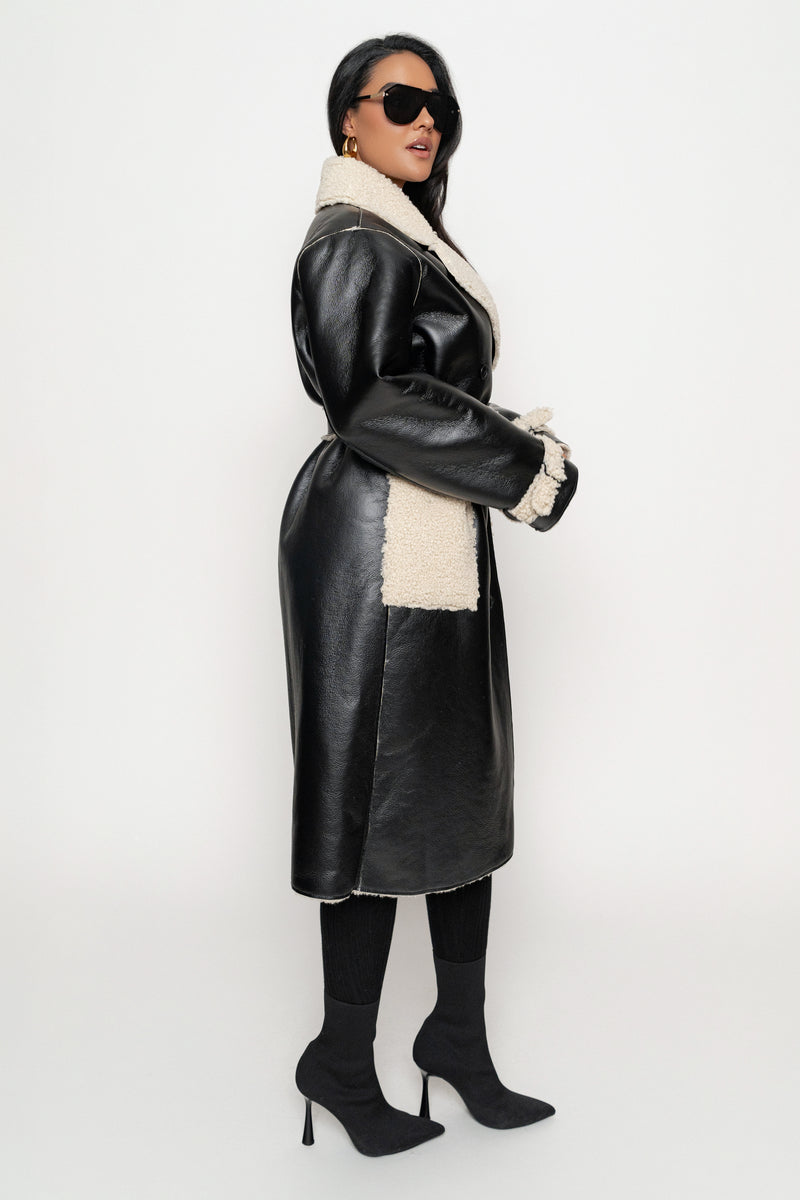 Black/Ivory Sherpa And Faux Leather Coat