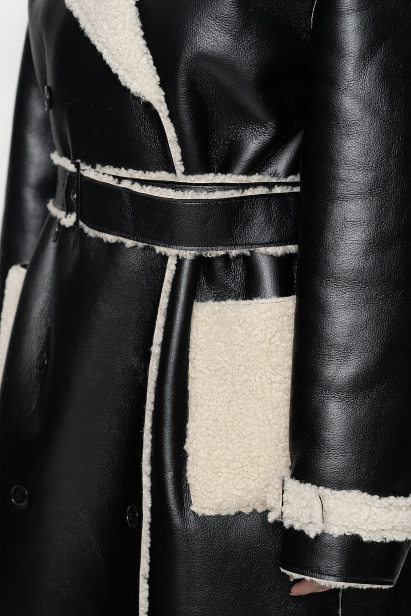 Black/Ivory Sherpa And Faux Leather Coat