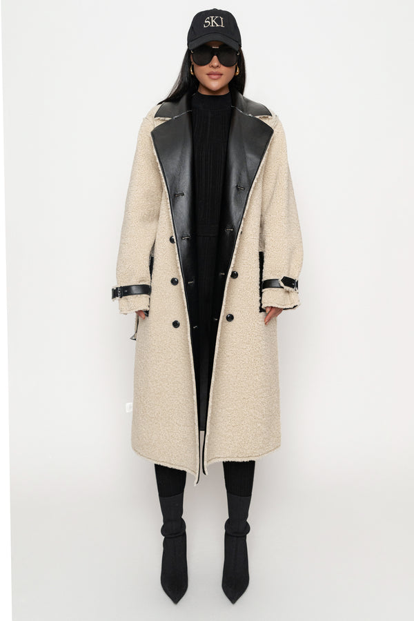 Black/Ivory Sherpa And Faux Leather Coat