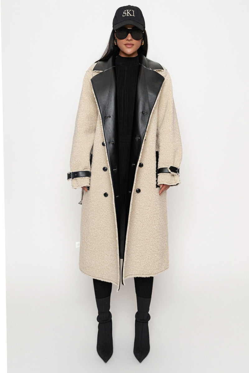 Black/Ivory Sherpa And Faux Leather Coat