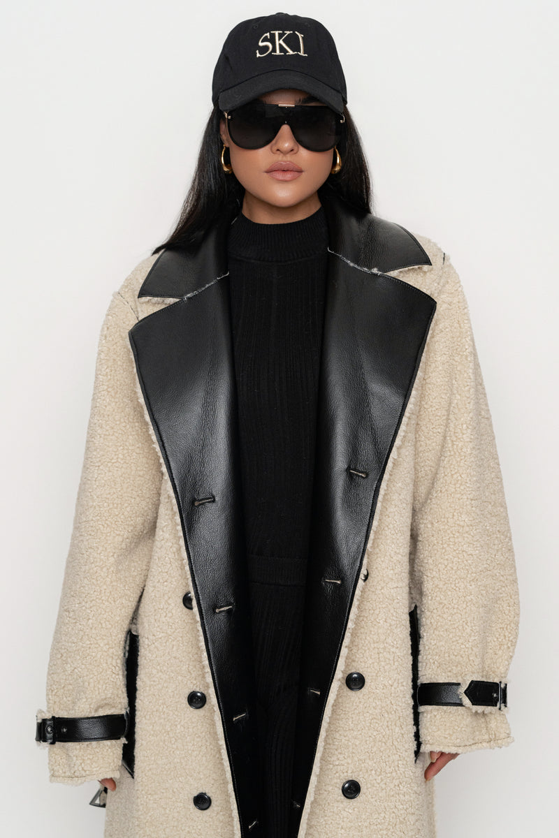 Black/Ivory Sherpa And Faux Leather Coat