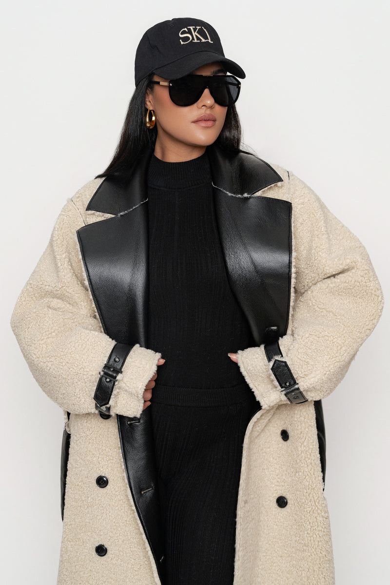 Black/Ivory Sherpa And Faux Leather Coat