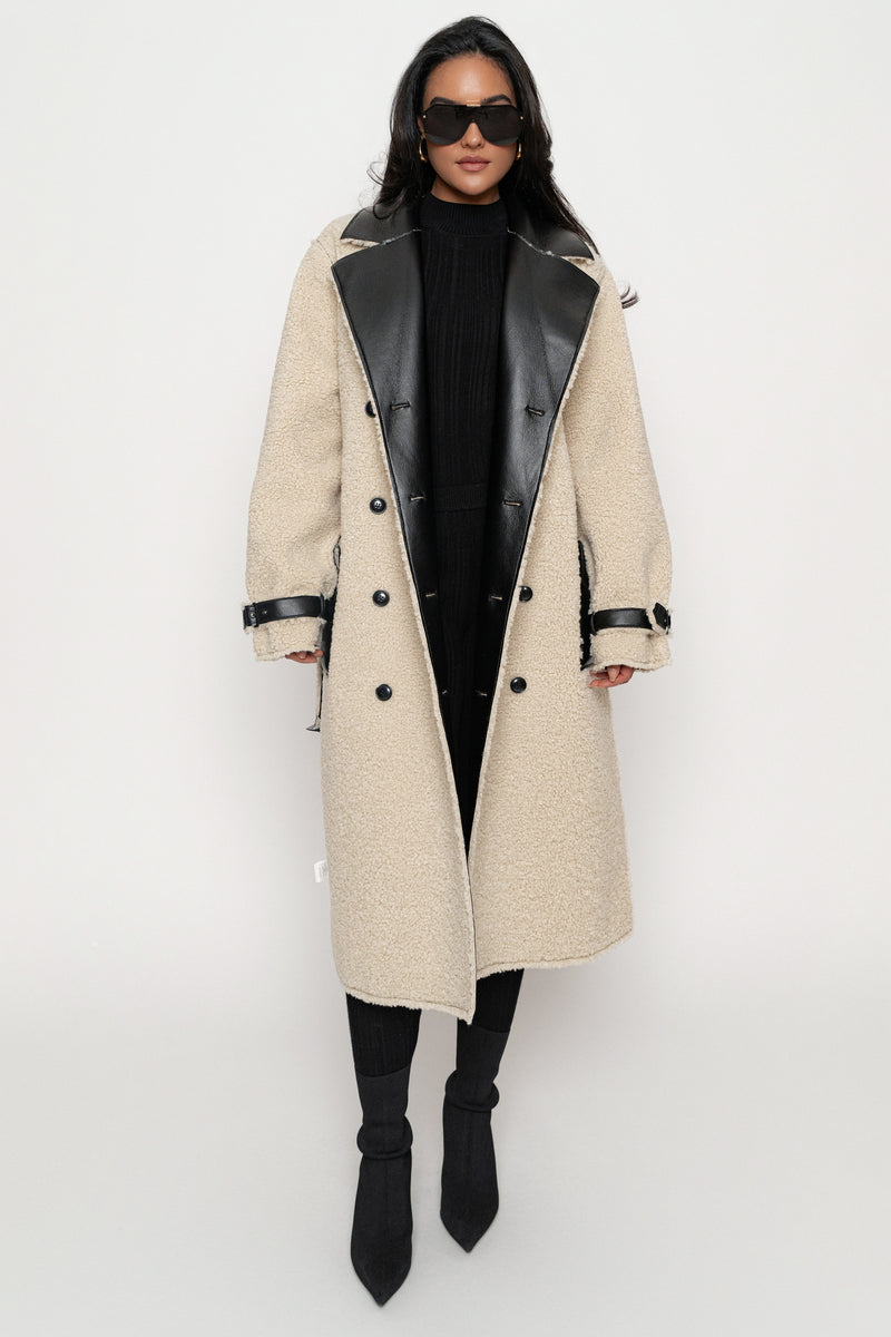 Black/Ivory Sherpa And Faux Leather Coat