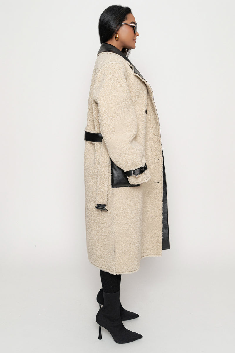 Black/Ivory Sherpa And Faux Leather Coat