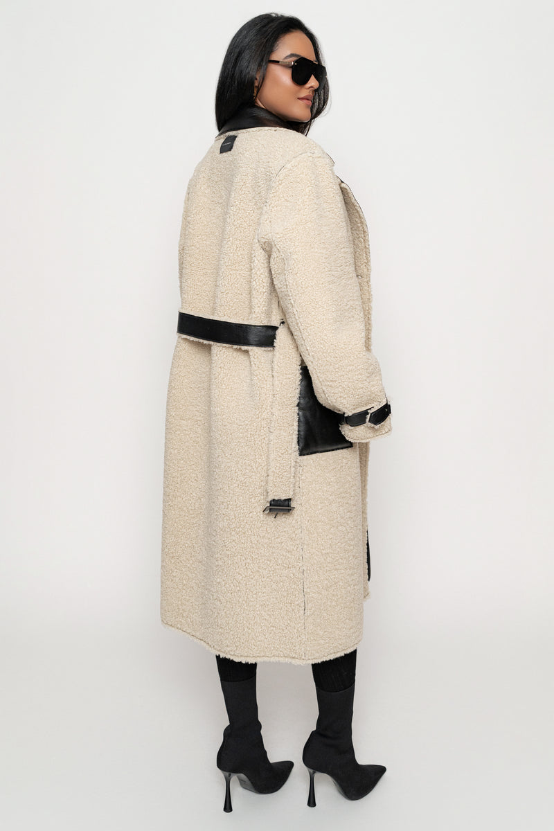 Black/Ivory Sherpa And Faux Leather Coat