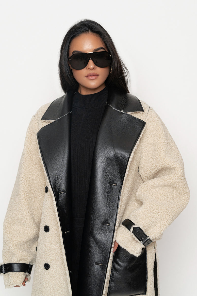 Black/Ivory Sherpa And Faux Leather Coat