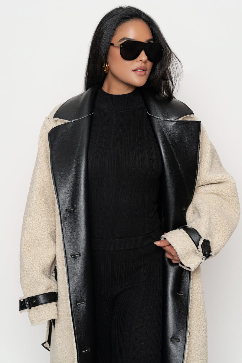 Black/Ivory Sherpa And Faux Leather Coat