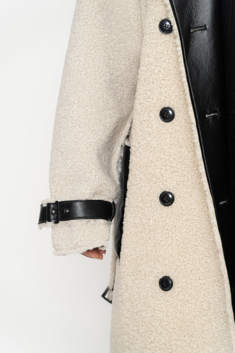 Black/Ivory Sherpa And Faux Leather Coat