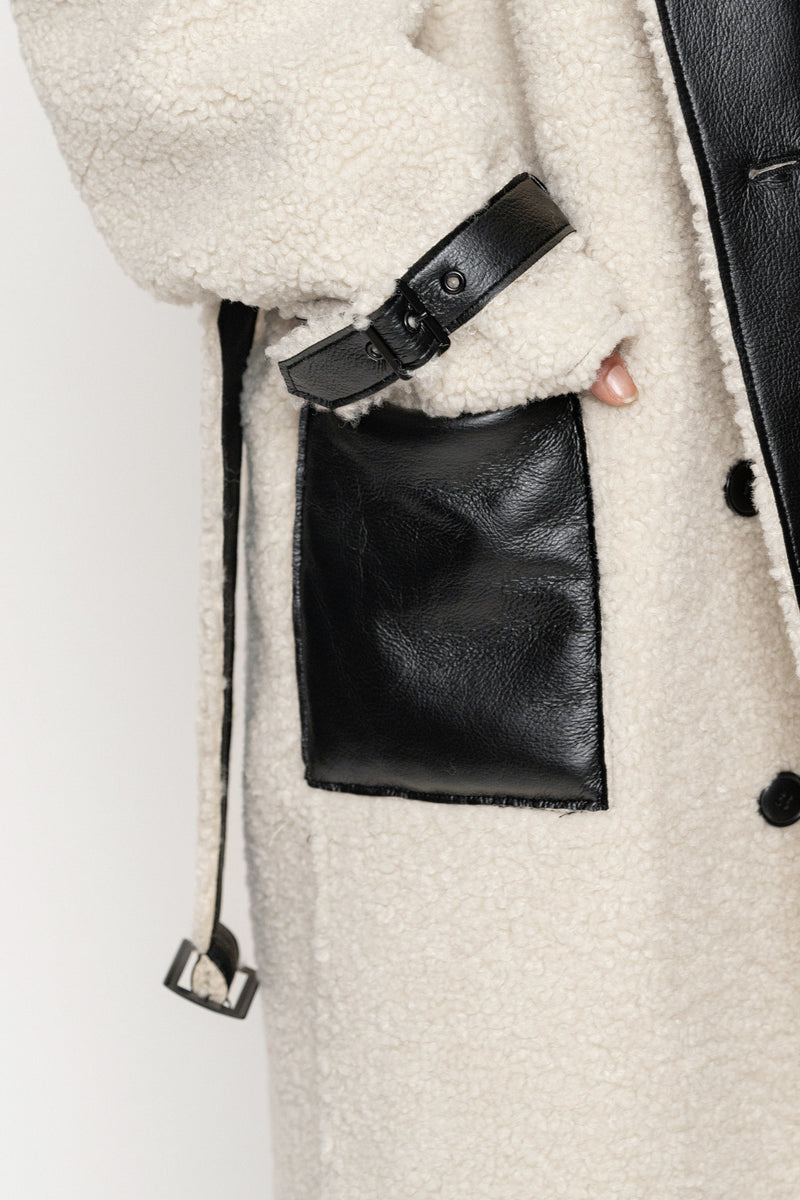 Black/Ivory Sherpa And Faux Leather Coat