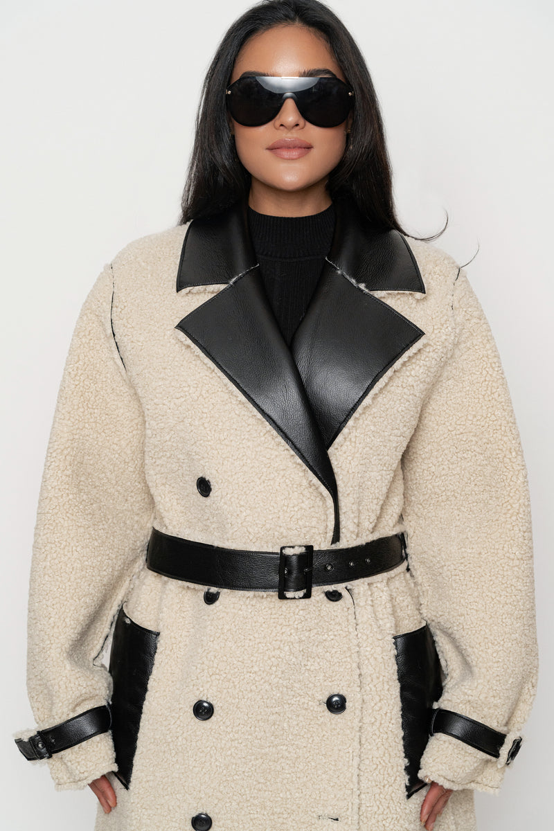 Black/Ivory Sherpa And Faux Leather Coat