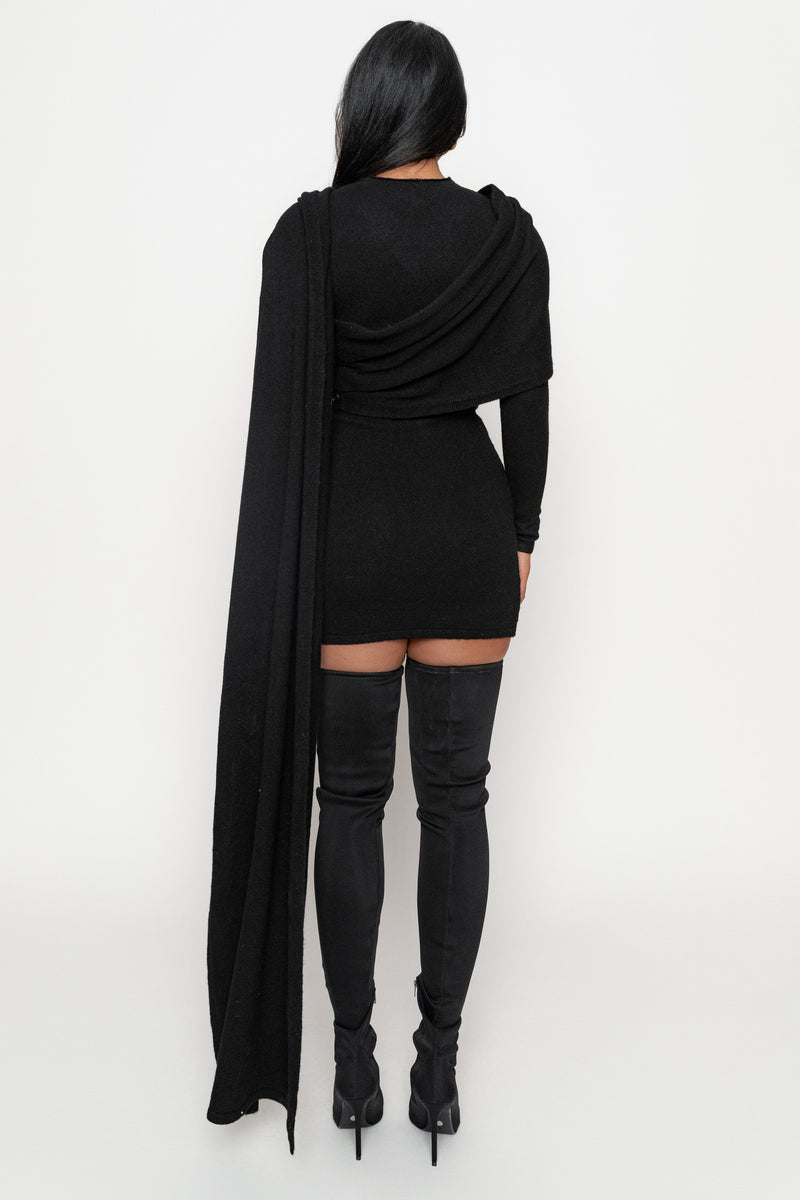 Black Scarf Draped Mini Dress