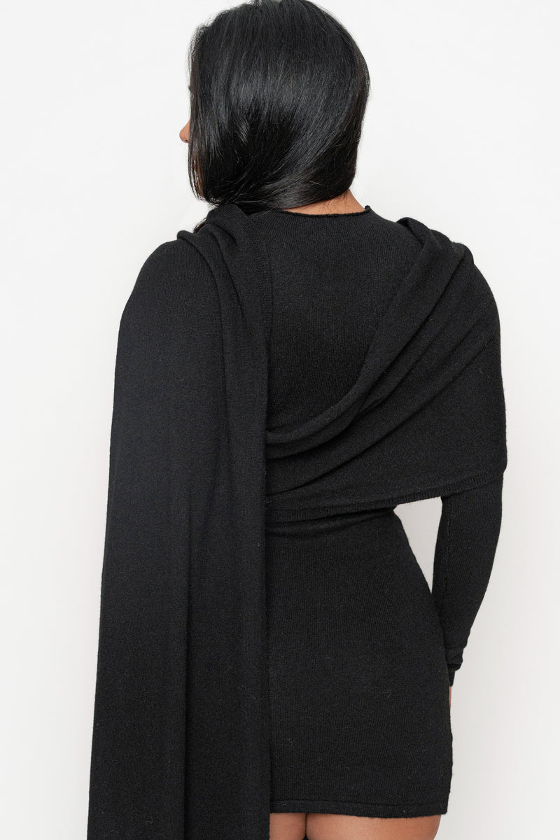 Black Scarf Draped Mini Dress