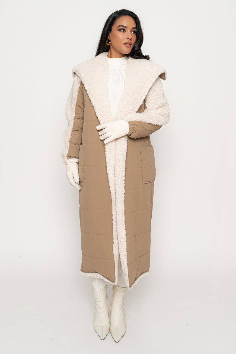 Beige/Ivory Contrast Sherpa Coat