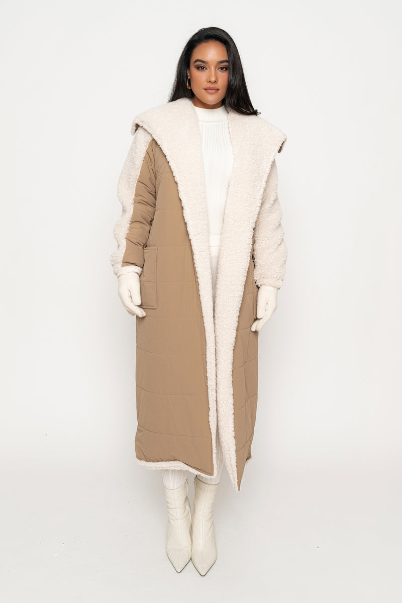 Beige/Ivory Contrast Sherpa Coat