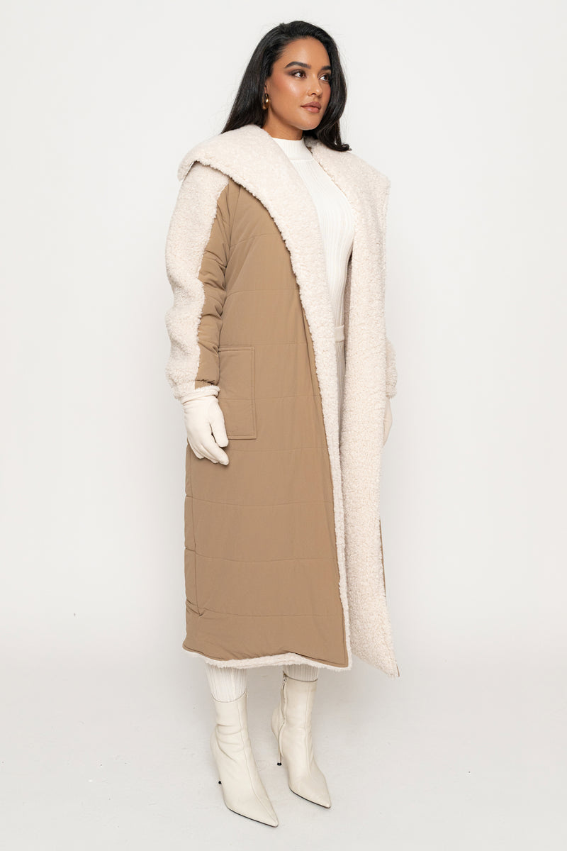 Beige/Ivory Contrast Sherpa Coat