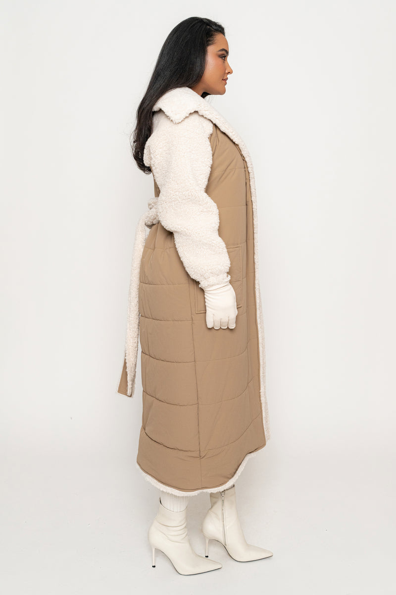 Beige/Ivory Contrast Sherpa Coat