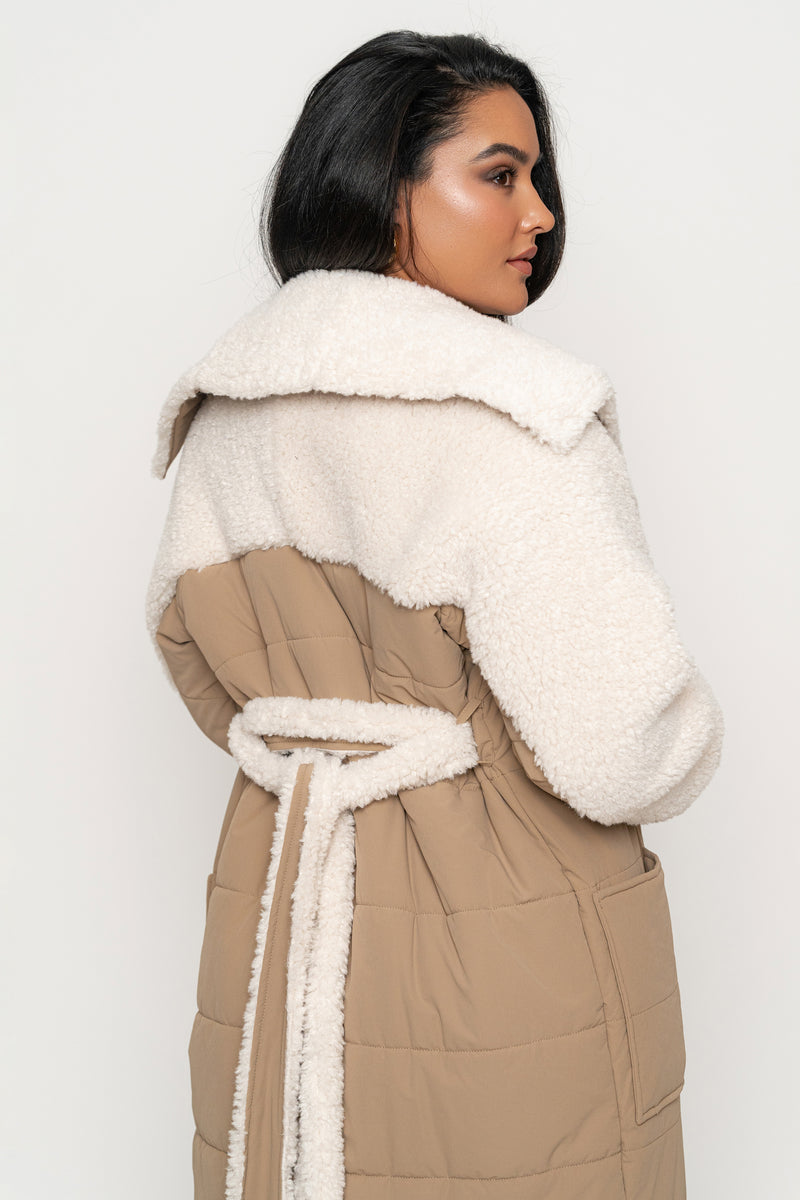 Beige/Ivory Contrast Sherpa Coat