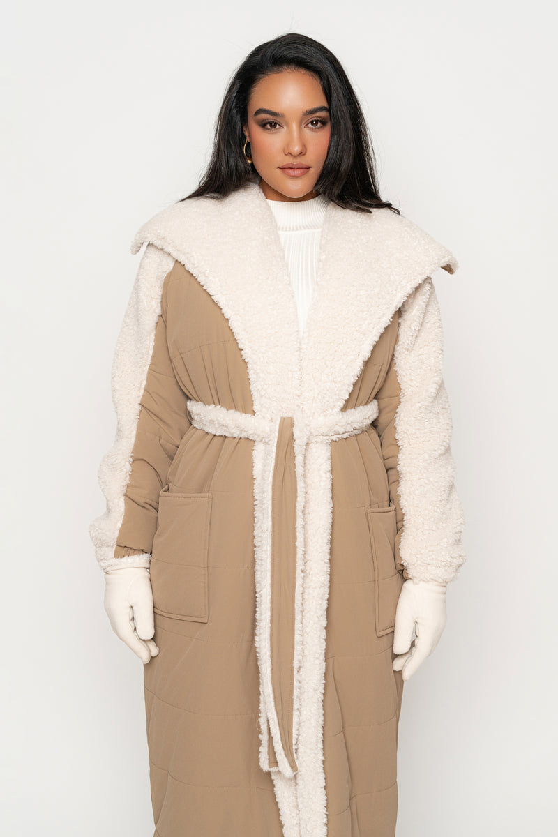 Beige/Ivory Contrast Sherpa Coat