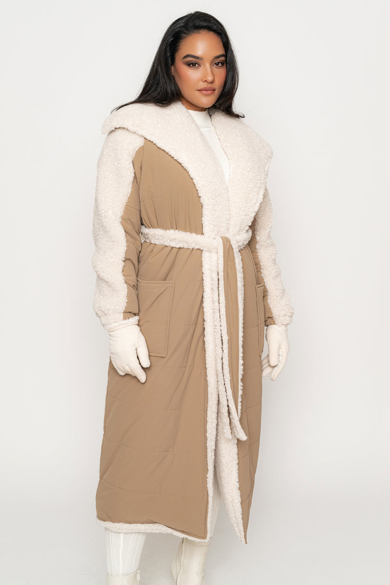 Beige/Ivory Contrast Sherpa Coat