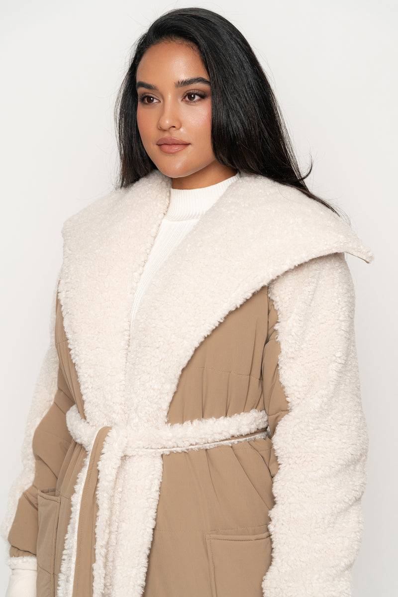 Beige/Ivory Contrast Sherpa Coat