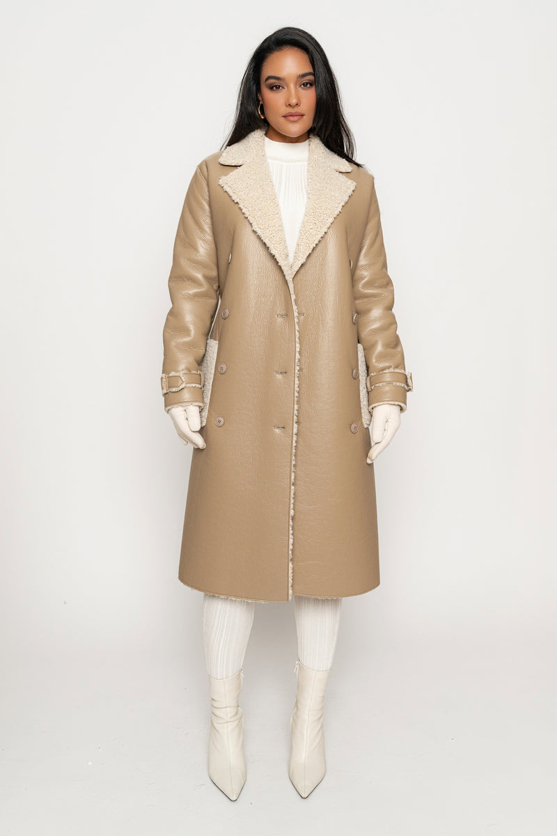 Beige/Ivory Sherpa And Faux Leather Coat